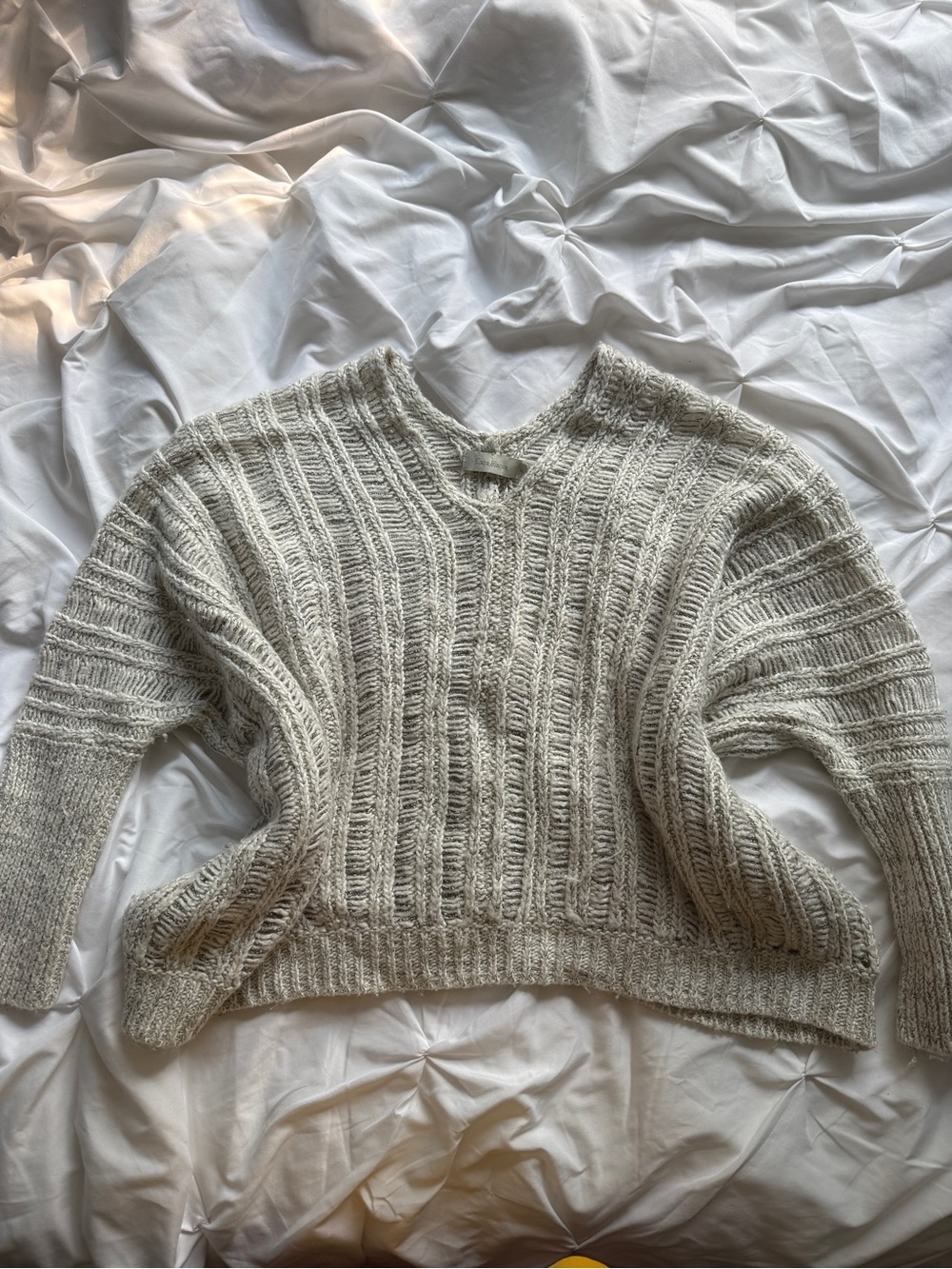Costa Blanco Women’s Beige Cream Cozy Crochet Knit V-Neck Sweater Gray Cover Up